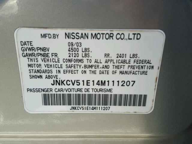 JNKCV51E14M111207 - 2004 INFINITI G35 GRAY photo 10