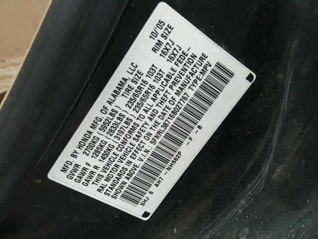 5FNRL38716B027767 - 2006 HONDA ODYSSEY EX GRAY photo 10