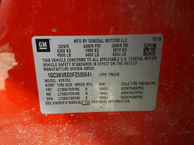 1GC2KVEG5FZ505641 - 2015 CHEVROLET SILVERADO RED photo 10