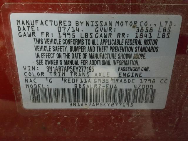 3N1AB7AP5EY277195 - 2014 NISSAN SENTRA S MAROON photo 10