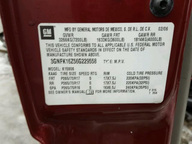 3GNFK16Z56G229558 - 2006 CHEVROLET SUBURBAN K RED photo 10