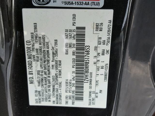 1ZVHT80N985176853 - 2008 FORD MUSTANG GRAY photo 10