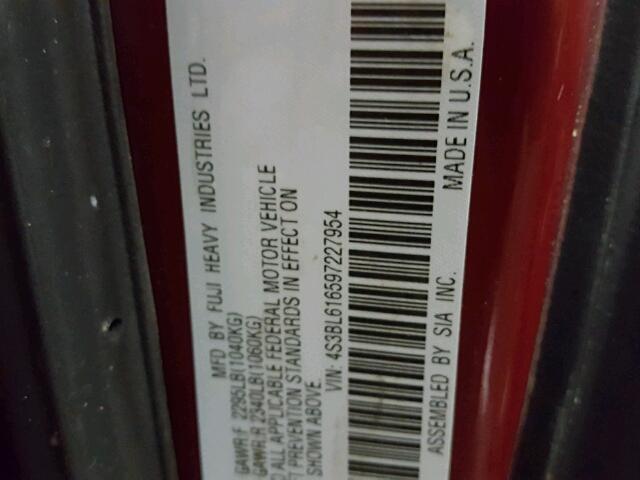 4S3BL616597227954 - 2009 SUBARU LEGACY 2.5 RED photo 10