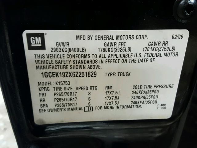 1GCEK19ZX6Z251829 - 2006 CHEVROLET SILVERADO BLACK photo 10