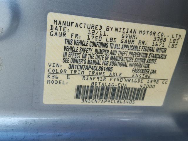 3N1CN7AP4CL861405 - 2012 NISSAN VERSA S GRAY photo 10