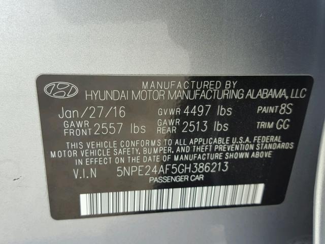 5NPE24AF5GH386213 - 2016 HYUNDAI SONATA SE GRAY photo 10