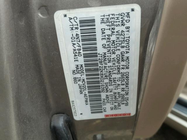 JT2BF22K8X0216392 - 1999 TOYOTA CAMRY LE TAN photo 10