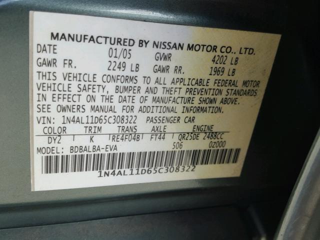 1N4AL11D65C308322 - 2005 NISSAN ALTIMA S GREEN photo 10