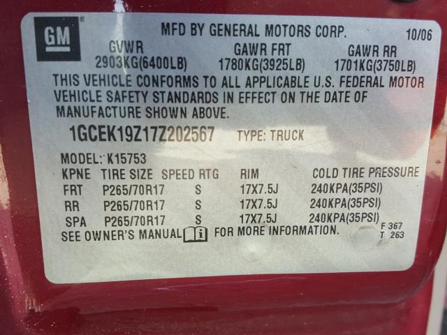 1GCEK19Z17Z202567 - 2007 CHEVROLET SILVERADO MAROON photo 10