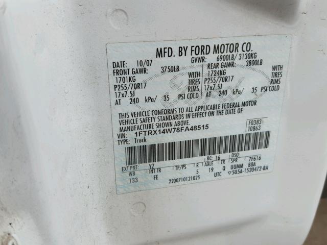 1FTRX14W78FA48515 - 2008 FORD F150 WHITE photo 10