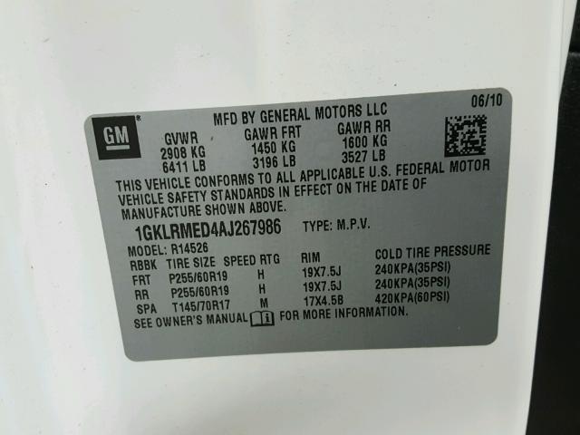 1GKLRMED4AJ267986 - 2010 GMC ACADIA SLT WHITE photo 10