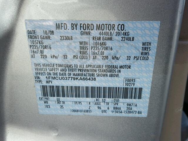 1FMCU03779KA66438 - 2009 FORD ESCAPE XLT SILVER photo 10