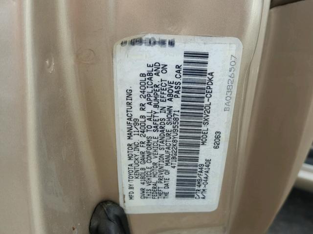 4T1BG22K8YU955871 - 2000 TOYOTA CAMRY CE GOLD photo 10