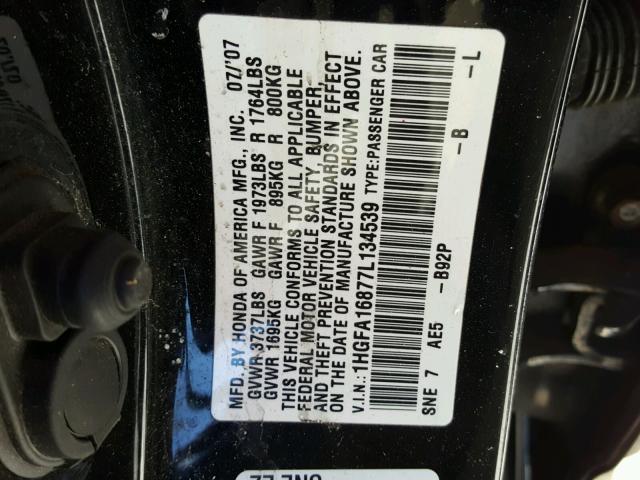 1HGFA16877L134539 - 2007 HONDA CIVIC EX 黑色 照片 10