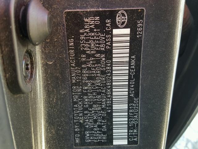 4T1BE46K48U243840 - 2008 TOYOTA CAMRY CE GRAY photo 10