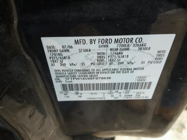 1FTPW14V66FB78638 - 2006 FORD F150 SUPER BLACK photo 10