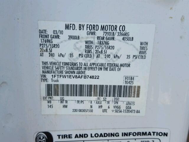 1FTFW1EV8AFB74822 - 2010 FORD F150 SUPER WHITE photo 10