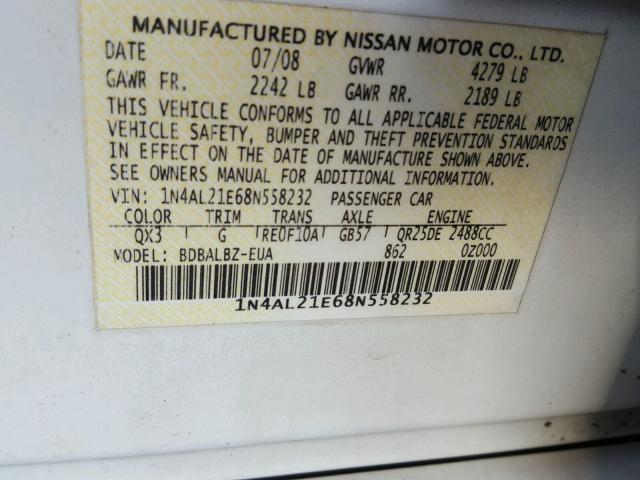 1N4AL21E68N558232 - 2008 NISSAN ALTIMA 2.5 WHITE photo 10