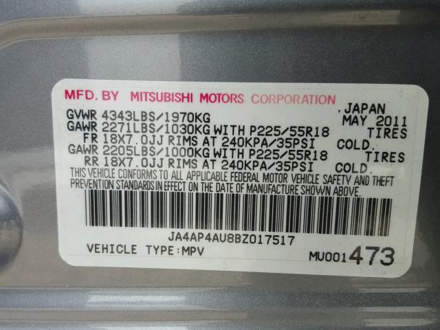 JA4AP4AU8BZ017517 - 2011 MITSUBISHI OUTLANDER GRAY photo 10