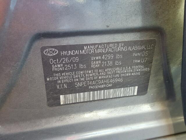 5NPET4AC9AH646946 - 2010 HYUNDAI SONATA GLS CHARCOAL photo 10