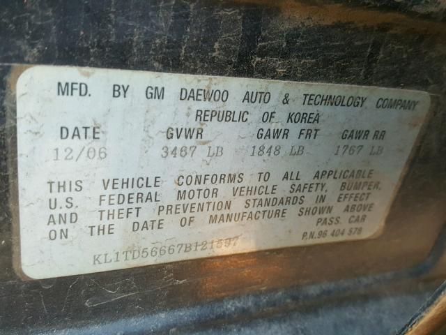 KL1TD56667B121597 - 2007 CHEVROLET AVEO BASE Szary zdjęcie 10
