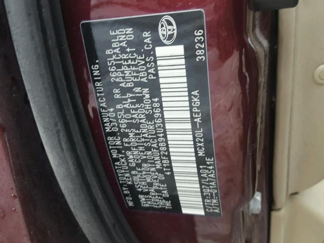 4T1BF28B94U369684 - 2004 TOYOTA AVALON XL MAROON photo 10