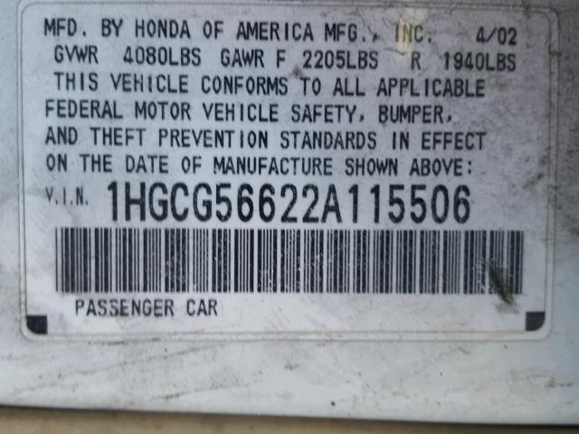 1HGCG56622A115506 - 2002 HONDA ACCORD EX WHITE photo 10