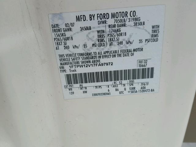 1FTPW12V17FA97972 - 2007 FORD F150 SUPER CREAM photo 10