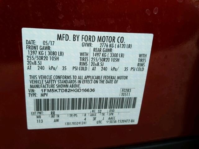 1FM5K7D82HGD16636 - 2017 FORD EXPLORER X RED photo 10