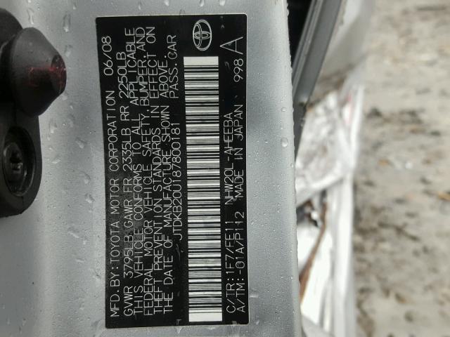 JTDKB20U187800181 - 2008 TOYOTA PRIUS SILVER photo 10