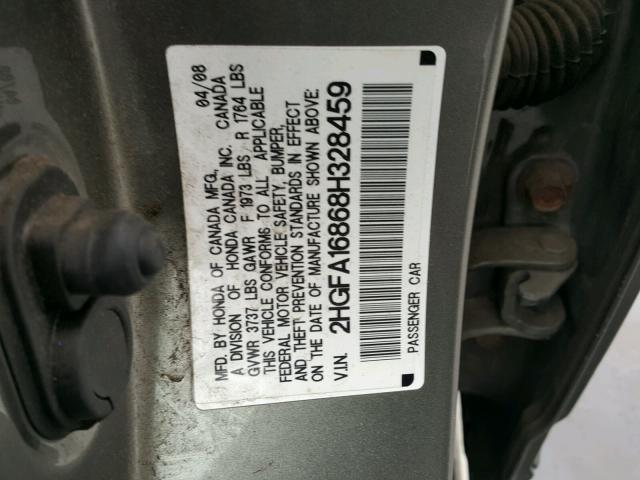 2HGFA16868H328459 - 2008 HONDA CIVIC EX GRAY photo 10