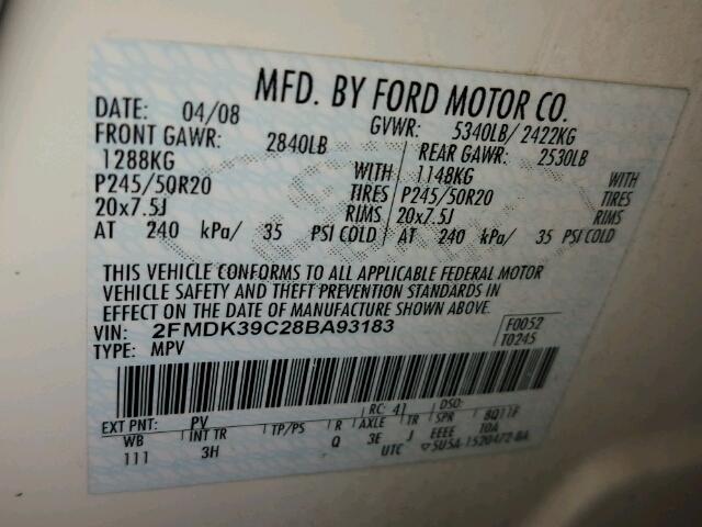 2FMDK39C28BA93183 - 2008 FORD EDGE LIMIT WHITE photo 10