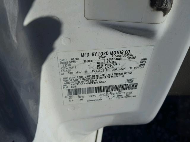 1FTPX14V97FB62657 - 2007 FORD F150 WHITE photo 10