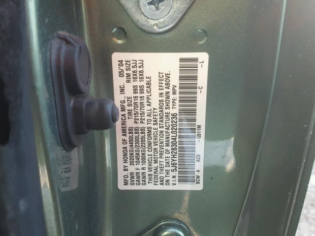 5J6YH28304L020236 - 2004 HONDA ELEMENT LX GREEN photo 10