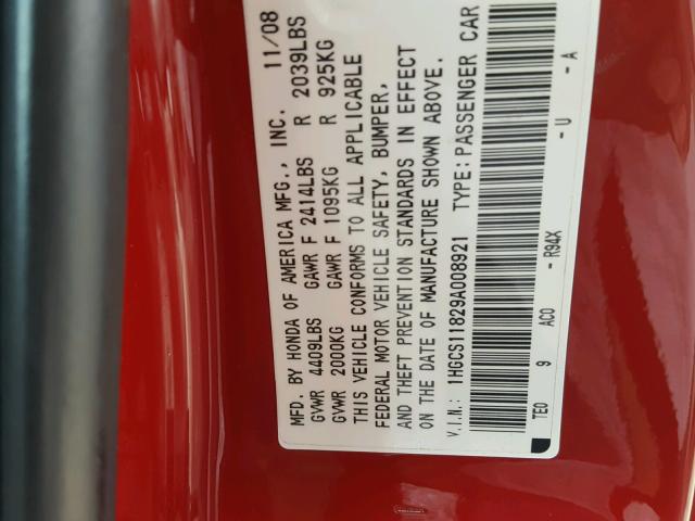 1HGCS11829A008921 - 2009 HONDA ACCORD EXL RED photo 10