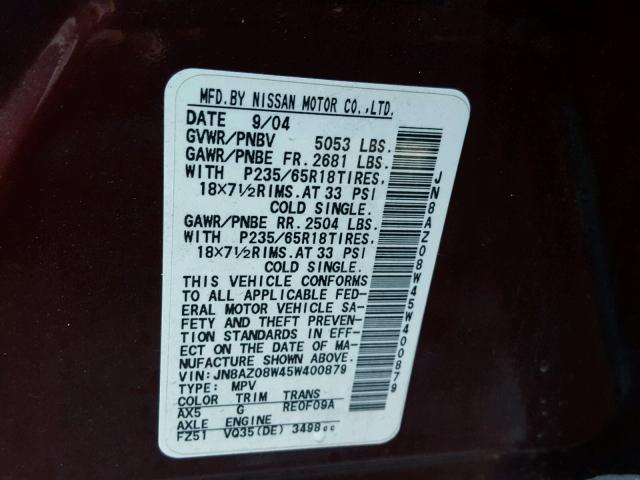 JN8AZ08W45W400879 - 2005 NISSAN MURANO SL MAROON photo 10