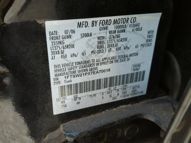 1FTSW21PX7EA70018 - 2007 FORD F250 SUPER BLACK photo 10