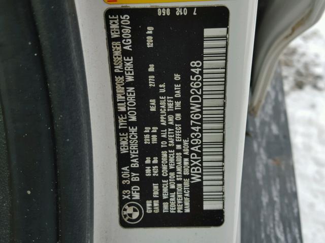 WBXPA93476WD26548 - 2006 BMW X3 3.0I WHITE photo 10