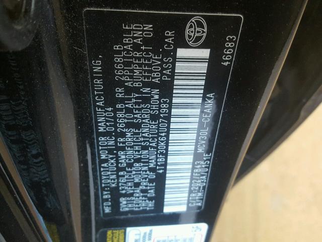 4T1BF30K64U071983 - 2004 TOYOTA CAMRY LE შავი ფოტო 10