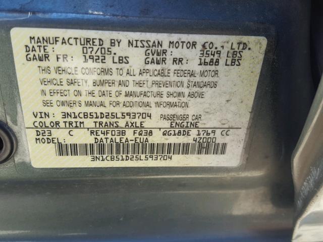 3N1CB51D25L593704 - 2005 NISSAN SENTRA 1.8 GREEN photo 10