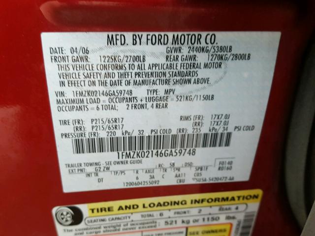 1FMZK02146GA59748 - 2006 FORD FREESTYLE RED photo 10