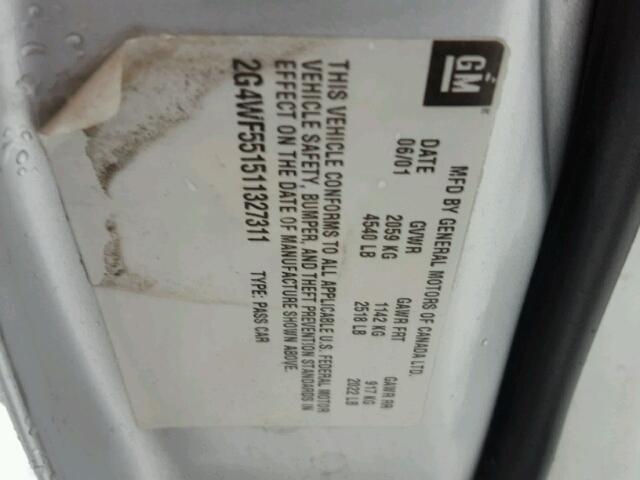 2G4WF551511327311 - 2001 BUICK REGAL GS SILVER photo 10