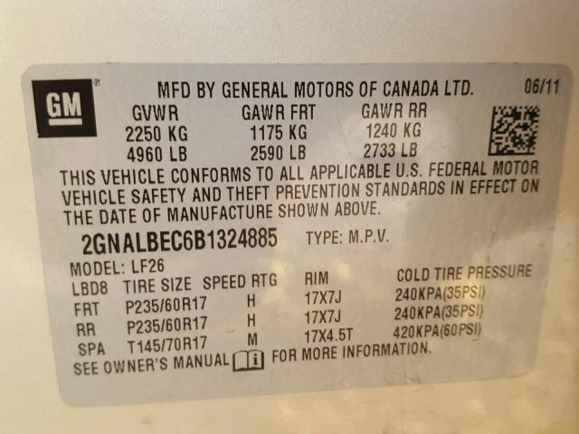 2GNALBEC6B1324885 - 2011 CHEVROLET EQUINOX LS BEIGE photo 10