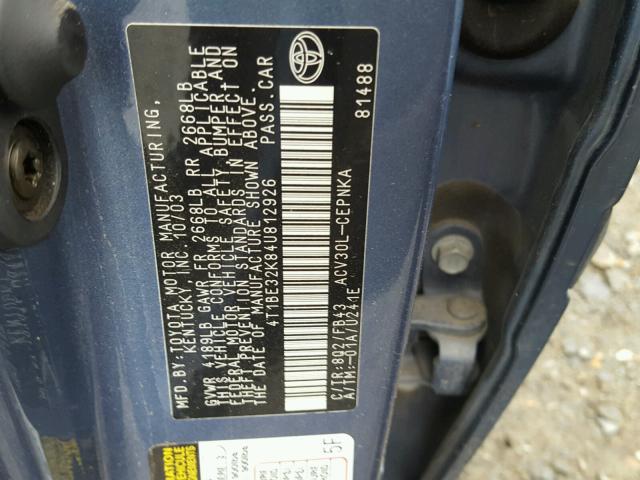 4T1BE32K84U812926 - 2004 TOYOTA CAMRY LE BLUE photo 10