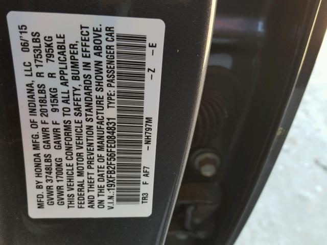 19XFB2F56FE084831 - 2015 HONDA CIVIC LX GRAY photo 10