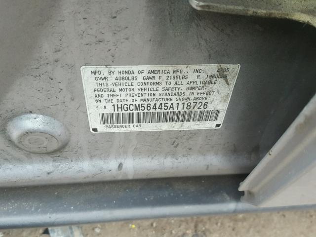 1HGCM56445A118726 - 2005 HONDA ACCORD LX SILVER photo 10