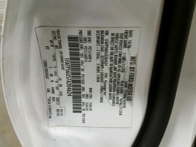 1FAFP56U57A204624 - 2007 FORD TAURUS SEL WHITE photo 10