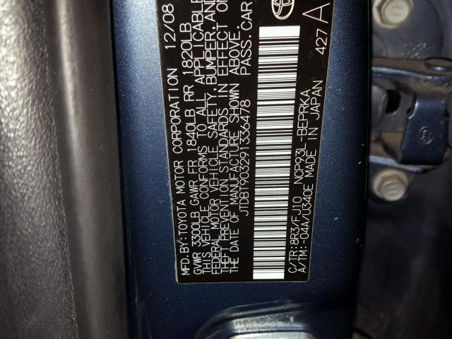 JTDBT903291336478 - 2009 TOYOTA YARIS BLUE photo 10