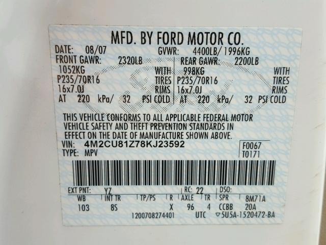 4M2CU81Z78KJ23592 - 2008 MERCURY MARINER WHITE photo 10