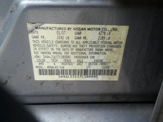 1N4AL21E17C160940 - 2007 NISSAN ALTIMA 2.5 GRAY photo 10